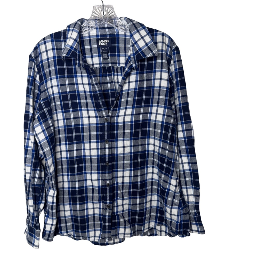 Lands End Womens XL Petite Blue White Plaid Cotton Flannel Button Down Shirt